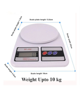 Digital kitchen scale with 10kg capacity for precise cooking measurements.